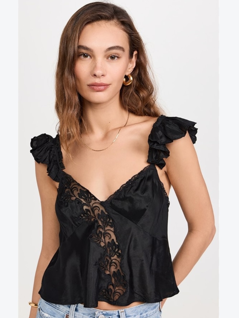 Free People Harmony Lace Ruffle Strap Tank Top Lace panel Black Small